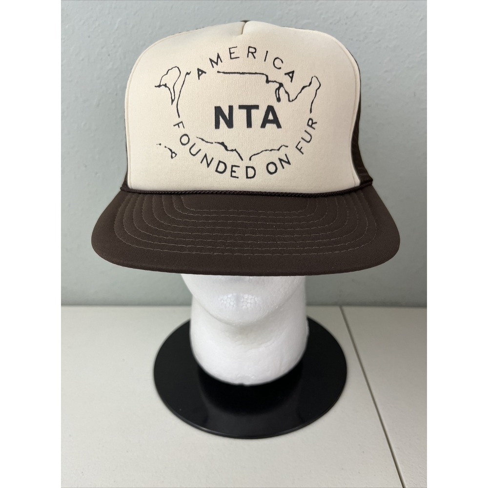 Vintage Winner America Founded On Fur NTA Snapback Trucker Hat Brown Cream